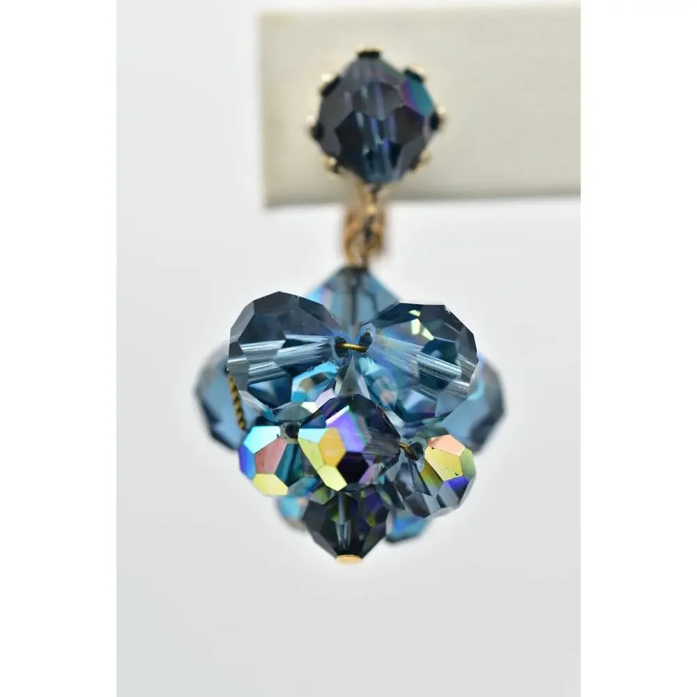 Laguna Vintage Clip On Crystal Earrings Dangle Navy Blue Drop Signed 1950s A24
